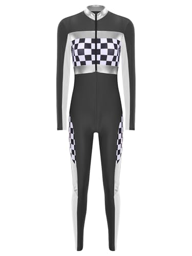 Linjinx Damen Rennfahrer Kostüm Overall Jumpsuit Langarm Bodysuit Rennfahrerin Anzug Racer Kostüm Rennwagen Kostüm Halloween Karneval Party Schwarz 3XL von Linjinx