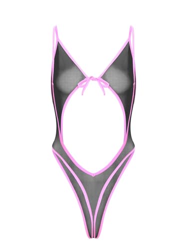 Linjinx Damen Transparent Body Ouvert Bodysuit Offener Schritt Stringbody V-Ausschnitt Unterwäsche Fruaen Neckholder Negligee Hot Pink S von Linjinx
