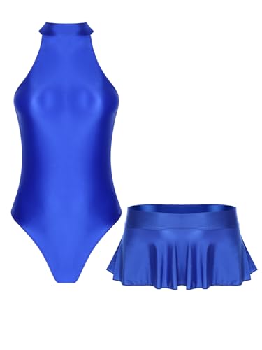 Linjinx Damen Wetlook Bodysuit Kurz Einteiliger Overall Ärmellose Trikot mit Reißverschluss und Slim Fit Sitzenden Rock Für Club Raves Blau XL von Linjinx