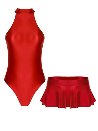 Linjinx Damen Wetlook Bodysuit Kurz Einteiliger Overall Ärmellose Trikot mit Reißverschluss und Slim Fit Sitzenden Rock Für Club Raves Burgundy XL Linjinx Damen Wetlook Bodysuit Kurz Einteiliger Overall Ärmellose Trikot mit Reißverschluss und Slim Fit Sitzenden Rock Für Club Raves Burgundy XL von Linjinx