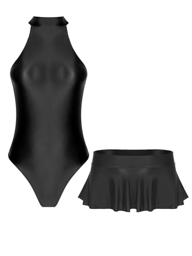 Linjinx Damen Wetlook Bodysuit Kurz Einteiliger Overall Ärmellose Trikot mit Reißverschluss und Slim Fit Sitzenden Rock Für Club Raves Schwarz M Linjinx Damen Wetlook Bodysuit Kurz Einteiliger Overall Ärmellose Trikot mit Reißverschluss und Slim Fit Sitzenden Rock Für Club Raves Schwarz M von Linjinx