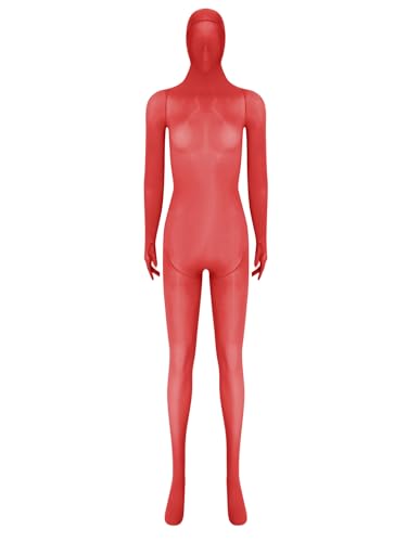 Linjinx Damen öl Glänzend Bodystocking Durchsichtig Jumpsuit Nylon Bodysuit mit Kopfmaske Frau Einteiler Strumpfhosen Clubwear A Rot Einheitsgröße von Linjinx