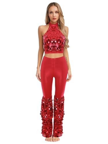 Linjinx Dicso Kostüm Damen 70er Jahre Hippe Outfit Ärmellos Pailletten Tanktops und Glitzer Ausgestellte Vintage Fasching Kostüm Rot M von Linjinx