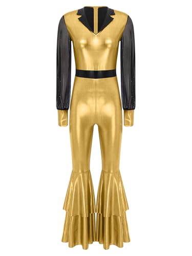 Linjinx Glitzer Jumpsuit Damen Metallic 70er Disco Kostüm Slim Fit Langarm Overall Ausgestellte Hohe Taille Ganzanzug Clubwear Gold XXL von Linjinx