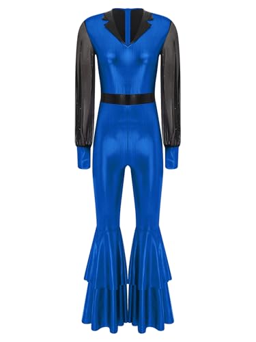 Linjinx Glitzer Jumpsuit Damen Metallic 70er Disco Kostüm Slim Fit Langarm Overall Ausgestellte Hohe Taille Ganzanzug Clubwear Königsblau XL von Linjinx