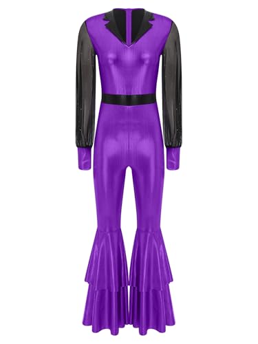 Linjinx Glitzer Jumpsuit Damen Metallic 70er Disco Kostüm Slim Fit Langarm Overall Ausgestellte Hohe Taille Ganzanzug Clubwear Violett XL von Linjinx