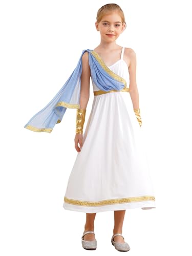 Linjinx Griechische Göttin Kostüm Set für Kinder Mädchen Römische Toga Antike Griechen Kleidung Anmutiges Kleid Halloween Fasching Mottoparty Outfit Blau 158-164 von Linjinx