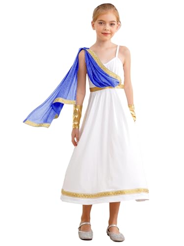 Linjinx Griechische Göttin Kostüm Set für Kinder Mädchen Römische Toga Antike Griechen Kleidung Anmutiges Kleid Halloween Fasching Mottoparty Outfit Königsblau 122-128 von Linjinx