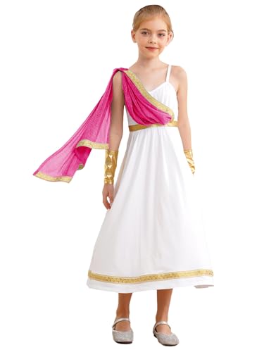 Linjinx Griechische Göttin Kostüm Set für Kinder Mädchen Römische Toga Antike Griechen Kleidung Anmutiges Kleid Halloween Fasching Mottoparty Outfit Pink 122-128 von Linjinx