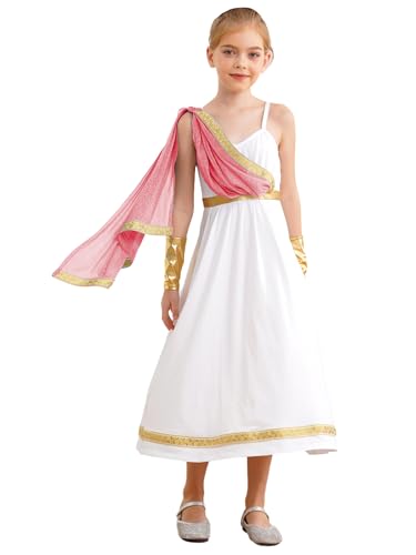 Linjinx Griechische Göttin Kostüm Set für Kinder Mädchen Römische Toga Antike Griechen Kleidung Anmutiges Kleid Halloween Fasching Mottoparty Outfit Rosa 170 von Linjinx