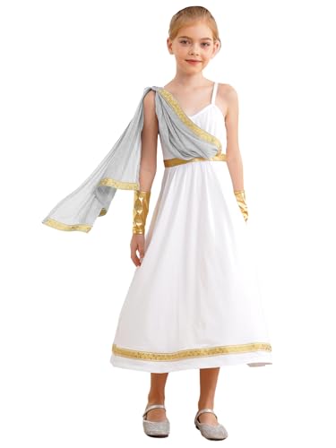 Linjinx Griechische Göttin Kostüm Set für Kinder Mädchen Römische Toga Antike Griechen Kleidung Anmutiges Kleid Halloween Fasching Mottoparty Outfit Silber 170 von Linjinx