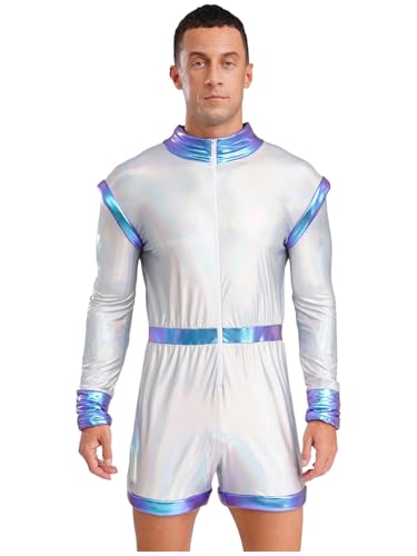 Linjinx Herren Astronaut Kostüm Herren Metallic Jumpsuit Langarm Bodysuit Weltall Raumfahrer Anzug Astronautenoverall Halloween Karneval Kostüm Blau M von Linjinx