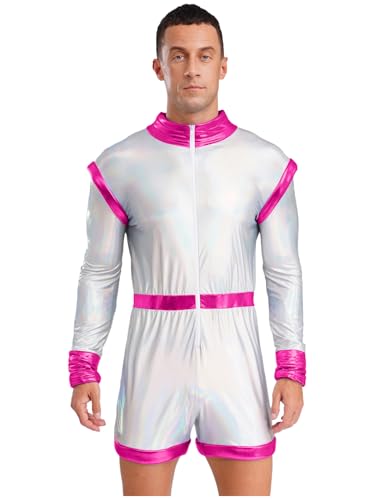 Linjinx Herren Astronaut Kostüm Herren Metallic Jumpsuit Langarm Bodysuit Weltall Raumfahrer Anzug Astronautenoverall Halloween Karneval Kostüm Hot Pink M von Linjinx
