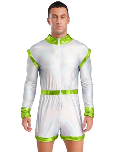 Linjinx Herren Astronaut Kostüm Herren Metallic Jumpsuit Langarm Bodysuit Weltall Raumfahrer Anzug Astronautenoverall Halloween Karneval Kostüm Leuchtendes Grün 3XL von Linjinx