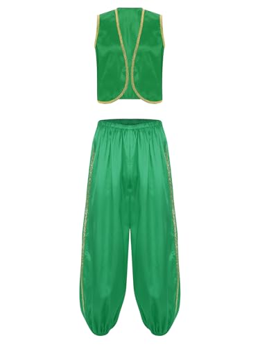 Linjinx Herren Kostüm Arabischen Prinz Weste und Hose Ärmellos Weste Pumphose Haremshose Bauchtanz Hose Halloween Fasching Kostüm Grün L von Linjinx