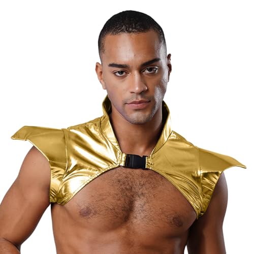 Linjinx Herren Metallic Glänzend Crop Top Schulterschutz Shirt Wetlook Crop Top Rüstung Schulterpanzer Lederrüstung Accessories für Halloween Clubwear Gold L von Linjinx
