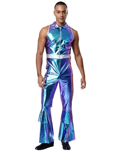 Linjinx Herren Metallic Jumpsuit Catsuit glänzend Disco Ausgestellter Overall Party Kostüm Halloween Bekeidung für 50s 60s 70s Cosplay Blau XL Linjinx Herren Metallic Jumpsuit Catsuit glänzend Disco Ausgestellter Overall Party Kostüm Halloween Bekeidung für 50s 60s 70s Cosplay Blau XL von Linjinx