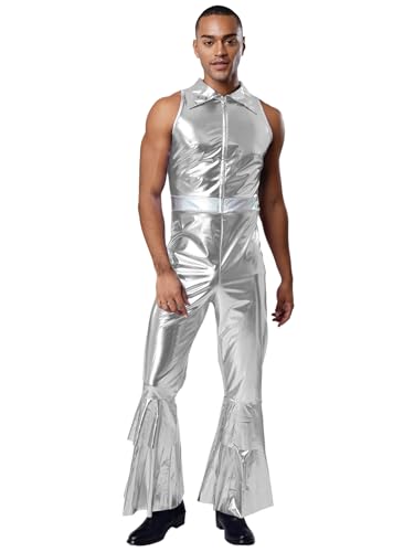 Linjinx Herren Metallic Jumpsuit Catsuit glänzend Disco Ausgestellter Overall Party Kostüm Halloween Bekeidung für 50s 60s 70s Cosplay Silber M Linjinx Herren Metallic Jumpsuit Catsuit glänzend Disco Ausgestellter Overall Party Kostüm Halloween Bekeidung für 50s 60s 70s Cosplay Silber M von Linjinx
