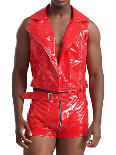 Linjinx Herren Wetlook Crop Top Ärmellos Kurz Weste mit Doppelreißverschluss PU Leder Shorts mit Gürtel Rave Party Outfit Rot 3XL Linjinx Herren Wetlook Crop Top Ärmellos Kurz Weste mit Doppelreißverschluss PU Leder Shorts mit Gürtel Rave Party Outfit Rot 3XL von Linjinx
