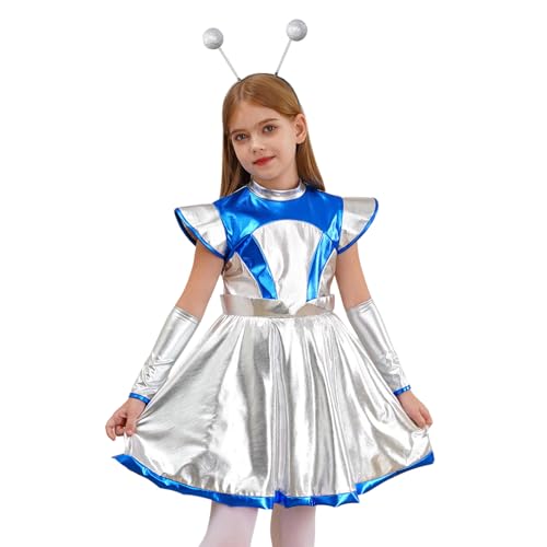 Linjinx Mädchen Alien Kleider mit Haarreif Handschuhe Weltall Holografischer Glitter Partykleid Kurzarm Farbblock Tanzkleider Disco Outfits Silber 146-152 von Linjinx
