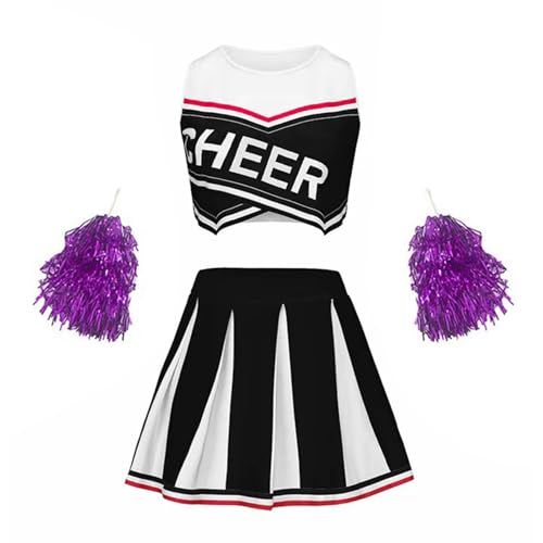 Linjinx Mädchen Cheer Leader Kostüm Cheerleading Sport Crop Top und Faltenrock Schulmädchen Tanz Outfit mit Glitzer Tanzblumen Schwarz 128-134 Linjinx Mädchen Cheer Leader Kostüm Cheerleading Sport Crop Top und Faltenrock Schulmädchen Tanz Outfit mit Glitzer Tanzblumen Schwarz 128-134 von Linjinx