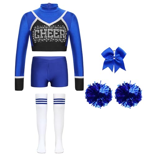 Linjinx Mädchen Cheer Leader Kostüm Set Langarm Cheerleading Crop Top Schulmädchen Handblumen Haargummi Strümpfe Karneval Party Outfit Blau 134-140 von Linjinx