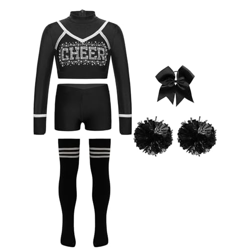 Linjinx Mädchen Cheer Leader Kostüm Set Langarm Cheerleading Crop Top Schulmädchen Handblumen Haargummi Strümpfe Karneval Party Outfit Schwarz 158-164 Linjinx Mädchen Cheer Leader Kostüm Set Langarm Cheerleading Crop Top Schulmädchen Handblumen Haargummi Strümpfe Karneval Party Outfit Schwarz 158-164 von Linjinx