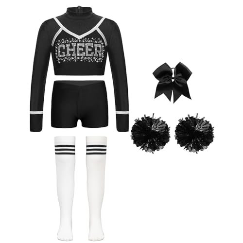 Linjinx Mädchen Cheer Leader Kostüm Set Langarm Cheerleading Crop Top Schulmädchen Handblumen Haargummi Strümpfe Karneval Party Outfit Schwarz-Weiss 146-152 Linjinx Mädchen Cheer Leader Kostüm Set Langarm Cheerleading Crop Top Schulmädchen Handblumen Haargummi Strümpfe Karneval Party Outfit Schwarz-Weiss 146-152 von Linjinx