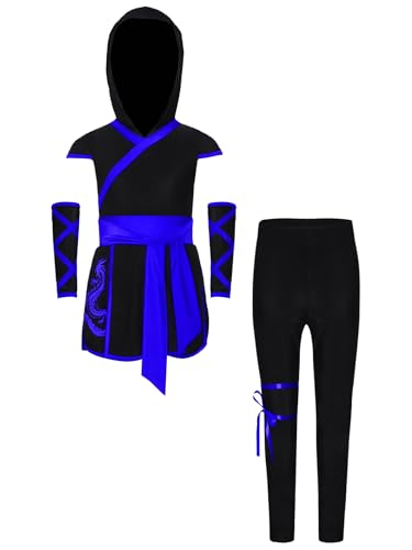 Linjinx Ninja Kostüm Für Kinder Jungen Mädchen 3-Stück Halloween Party Set Cosplay Outfit mit Kapuze und Passenden Handschuhen A Blau 122-128 von Linjinx