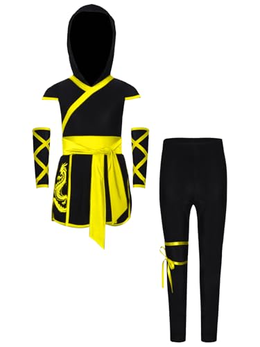 Linjinx Ninja Kostüm Für Kinder Jungen Mädchen 3-Stück Halloween Party Set Cosplay Outfit mit Kapuze und Passenden Handschuhen A Gelb 158-164 von Linjinx