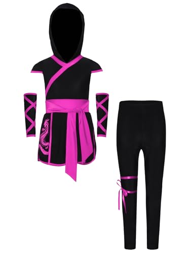 Linjinx Ninja Kostüm Für Kinder Jungen Mädchen 3-Stück Halloween Party Set Cosplay Outfit mit Kapuze und Passenden Handschuhen A Hot Pink 170 von Linjinx