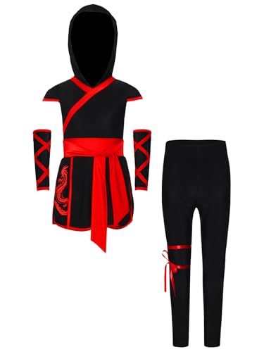 Linjinx Ninja Kostüm Für Kinder Jungen Mädchen 3-Stück Halloween Party Set Cosplay Outfit mit Kapuze und Passenden Handschuhen A Rot 158-164 von Linjinx