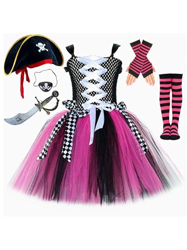 Linjinx Piratenkostüm Kinder Mädchen Kleid Kapitän Freibeuter Mit Piratenhut Zubehör Seeräuber Verkleidung Piratenset Halloween Karneval Cosplay Typ A 128-134 von Linjinx