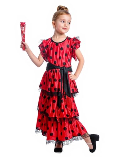 Linjinx Rot Flamenco-Tänzerin-Kostüm für Kinder Mädchen La Senorita Spanische Flamenco Kleid Stierkampf-Wettbewerb Übungsrock Partykleid Rot 92-98 von Linjinx