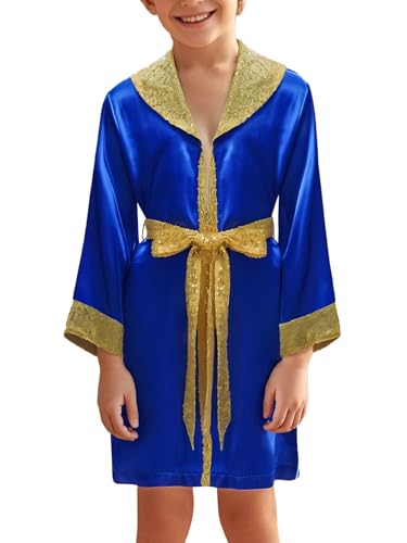 Linjinx Unisex Kinder Bademantel Glitzer Boxermantel mit Kapuze Sportler Kickboxer Ringrobe Umhang Cape Kostüm Boxer Karneval Party Blau 158-164 von Linjinx