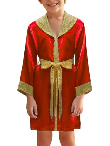 Linjinx Unisex Kinder Bademantel Glitzer Boxermantel mit Kapuze Sportler Kickboxer Ringrobe Umhang Cape Kostüm Boxer Karneval Party Burgundy 146-152 von Linjinx