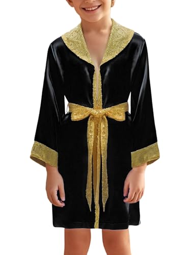Linjinx Unisex Kinder Bademantel Glitzer Boxermantel mit Kapuze Sportler Kickboxer Ringrobe Umhang Cape Kostüm Boxer Karneval Party Schwarz 122-128 von Linjinx