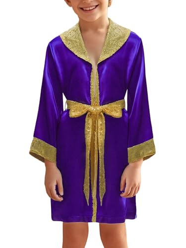 Linjinx Unisex Kinder Bademantel Glitzer Boxermantel mit Kapuze Sportler Kickboxer Ringrobe Umhang Cape Kostüm Boxer Karneval Party Violett 110-116 von Linjinx