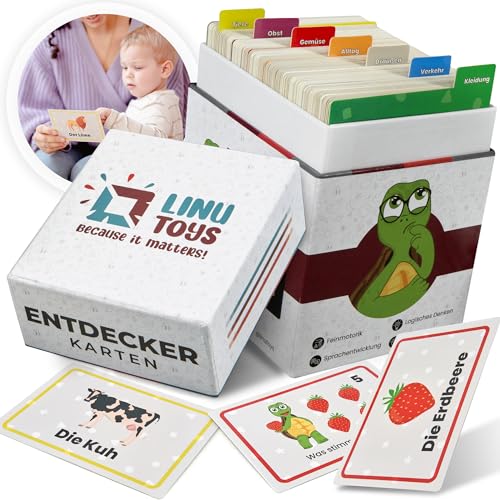 Linutoys Entdeckerkarten für Kinder ab 1 Jahr von Montessori Insp. Lernkarten für Sprachentwicklung [extra dick, wischfest] Flashcarten um Wörter, Farben und Zahlen Lernen | spielend sprechen Lernen von Linu Toys