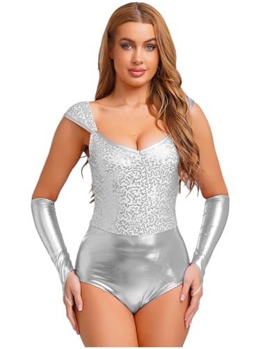 Linyuir Damen Funkelnde Pailletten Catsuit Raum Kämpfer Anzug Astronauten Overall Glänzend Metallisch Alien Kostüm Silber XXL von Linyuir