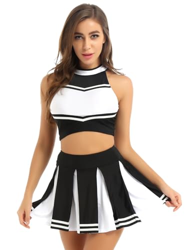 Linyuir Frauen Kostüm Outfit Pom Pom Girl Cosplay Halloween Schuluniform Crop Top Träger Top Kurzer Faltenrock Party Karneval Kleidung Größe S Bis Xl Schwarz M von Linyuir
