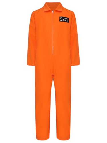 Linyuir Kind Gefängnis Kostüm Junge Mädchen Orange Overall Langarm Maskerade Halloween Karneval Reißverschluss Orange 122-128 von Linyuir