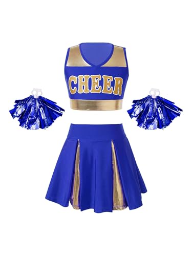 Linyuir Mädchen Kinderkostüm Uniform Outfit Cheerleads Crop Top Und Kurzer Rock Mit Pompons Verkleidung Cosplay Karneval Halloween Weihnachten Jahre Blau 158-164 von Linyuir