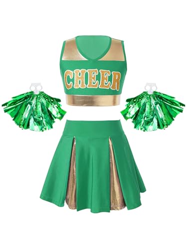 Linyuir Mädchen Kinderkostüm Uniform Outfit Cheerleads Crop Top Und Kurzer Rock Mit Pompons Verkleidung Cosplay Karneval Halloween Weihnachten Jahre Grün 110-116 von Linyuir