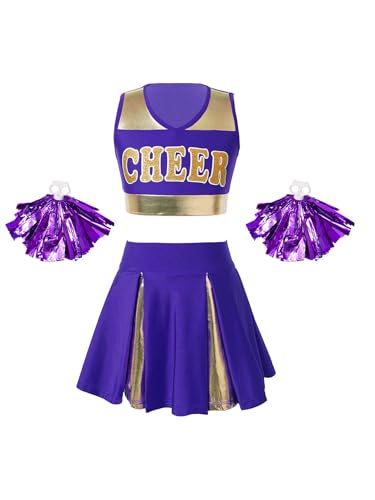 Linyuir Mädchen Kinderkostüm Uniform Outfit Cheerleads Crop Top Und Kurzer Rock Mit Pompons Verkleidung Cosplay Karneval Halloween Weihnachten Jahre Lila 110-116 von Linyuir