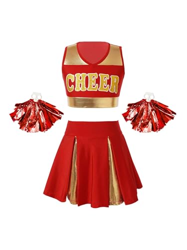 Linyuir Mädchen Kinderkostüm Uniform Outfit Cheerleads Crop Top Und Kurzer Rock Mit Pompons Verkleidung Cosplay Karneval Halloween Weihnachten Jahre Rot 170 von Linyuir