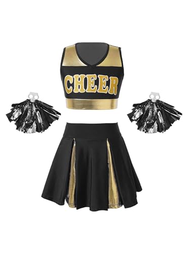 Linyuir Mädchen Kinderkostüm Uniform Outfit Cheerleads Crop Top Und Kurzer Rock Mit Pompons Verkleidung Cosplay Karneval Halloween Weihnachten Jahre Schwarz 146-152 von Linyuir