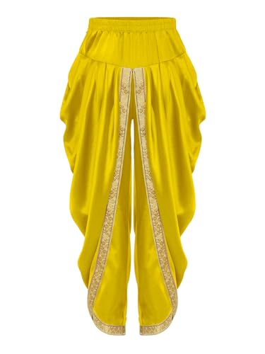 Linyuir Traditionelle Bestickte Dhoti Hose Für Jungen Seide Elastische Dhoti Hosen Gebrauchsfertig Bauchtanz Kostüm Ethnische Indische Sarouel Hose Yoga Gold 134-140 von Linyuir