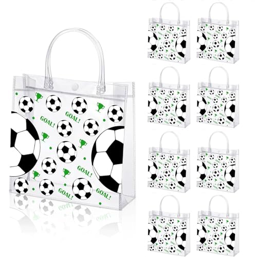 Liobelon Transparente PVC-Geschenktüten mit Griffen, Fußball, transparent, 20 x 20 x 7,9 cm, Sport-Mottoparty, Geschenkbeutel für Geburtstag, Urlaub, Sportmannschaft (Fußball), 24 Stück von Liobelon
