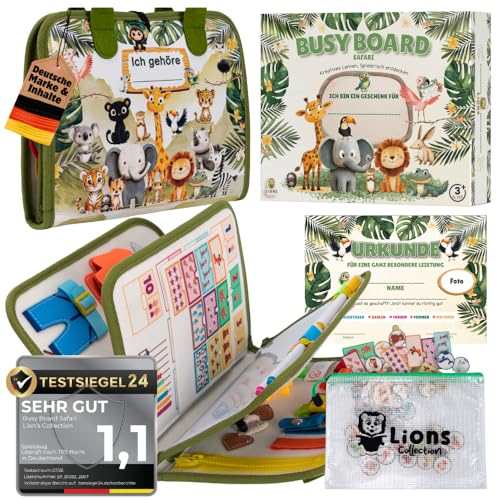 Lion’s Collection® Busy Board Deutsch - Montessori Spielzeug ab 3 Jahre zur Förderung von Motorik und Kreativität - Busy Book & Quiet Book auf 6 Seiten von Lions Collection